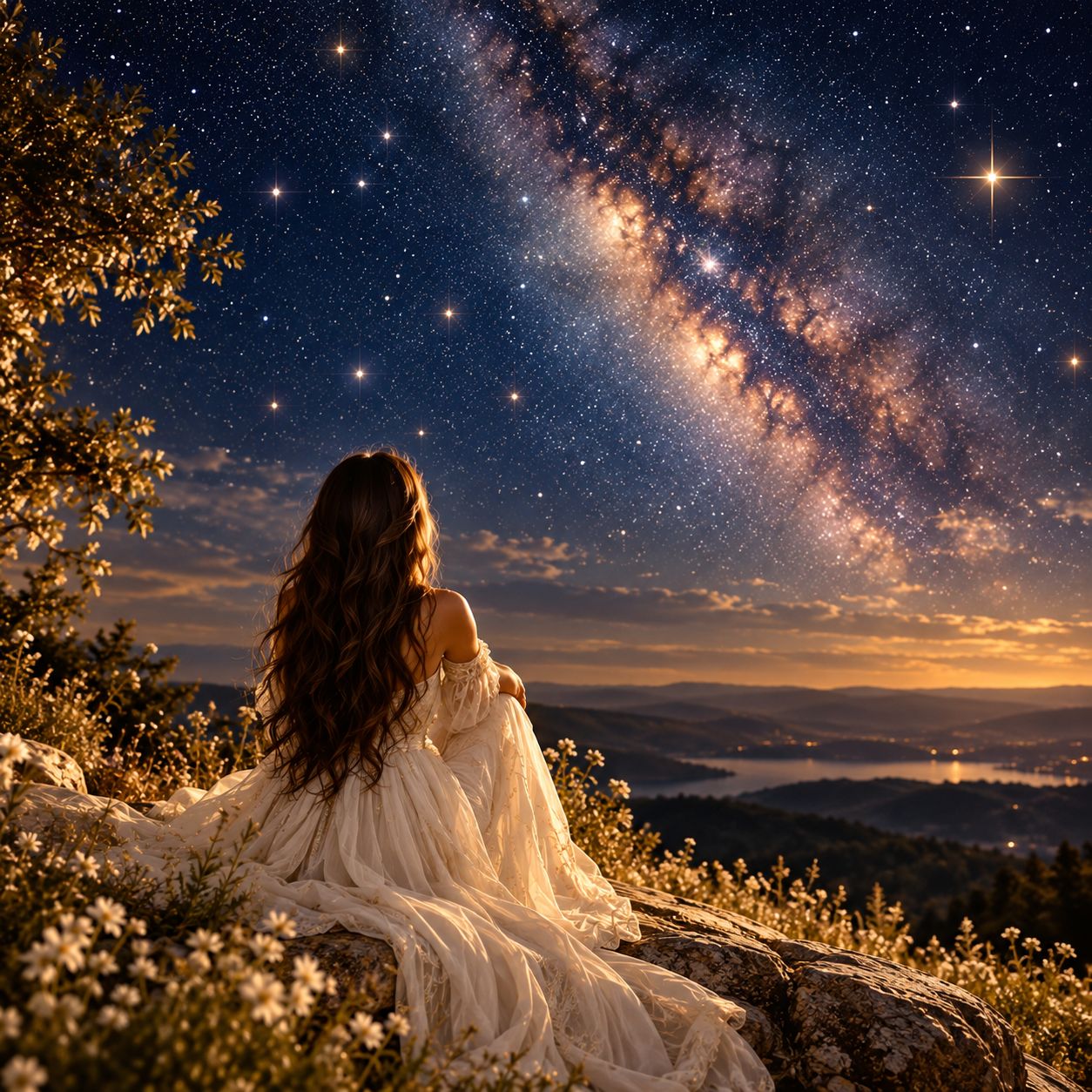 A woman in a flowing white gown sits on a flowered hillside beneath the Milky Way