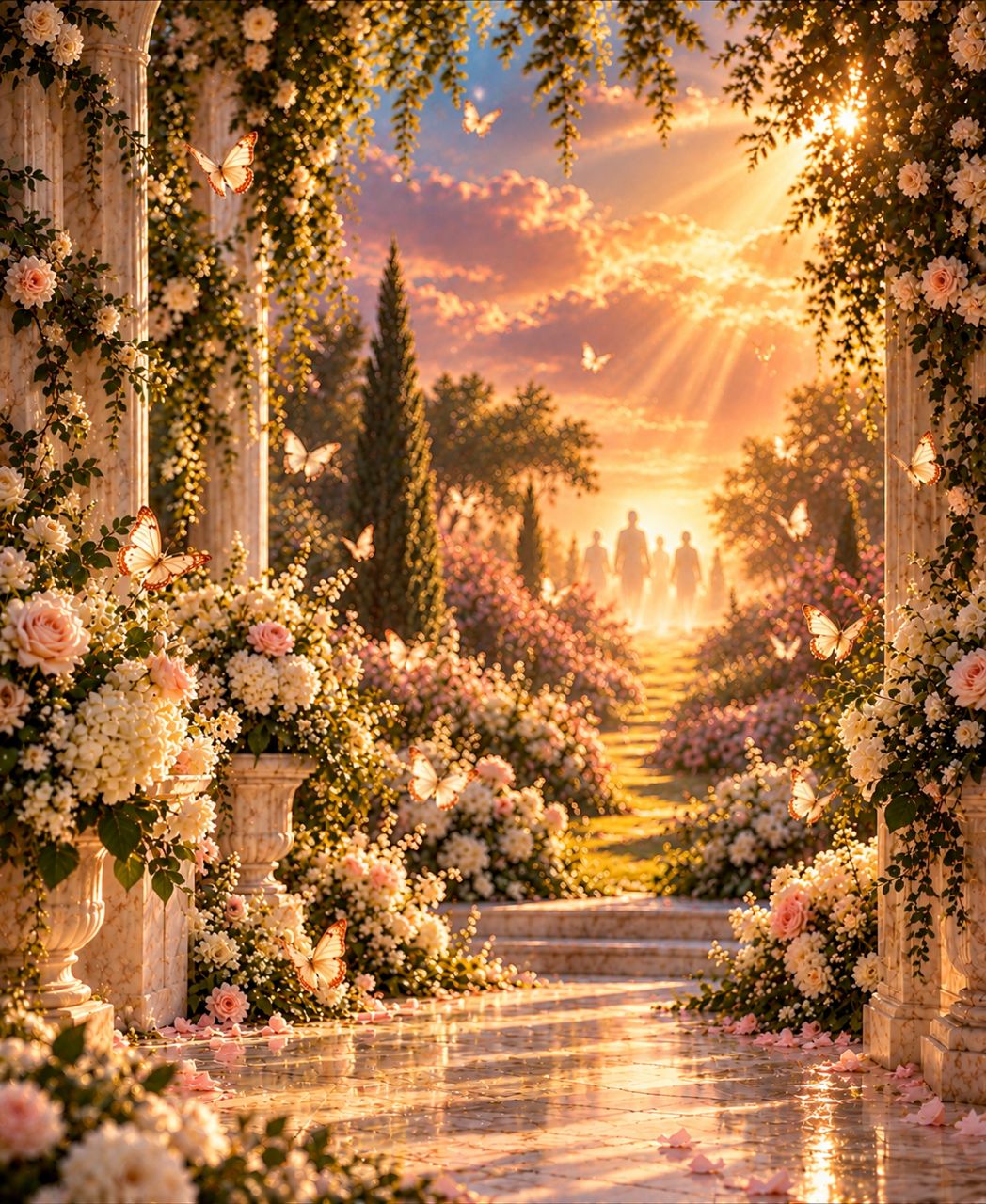 A heavenly garden path lined with white columns and roses, glowing in golden light